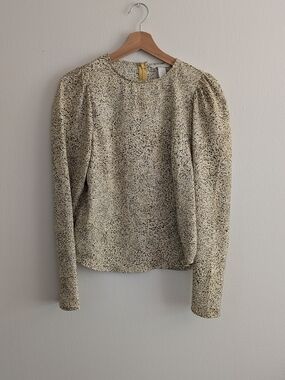 H&M Cream and Black Speckled Puff-Sleeve Blouse
